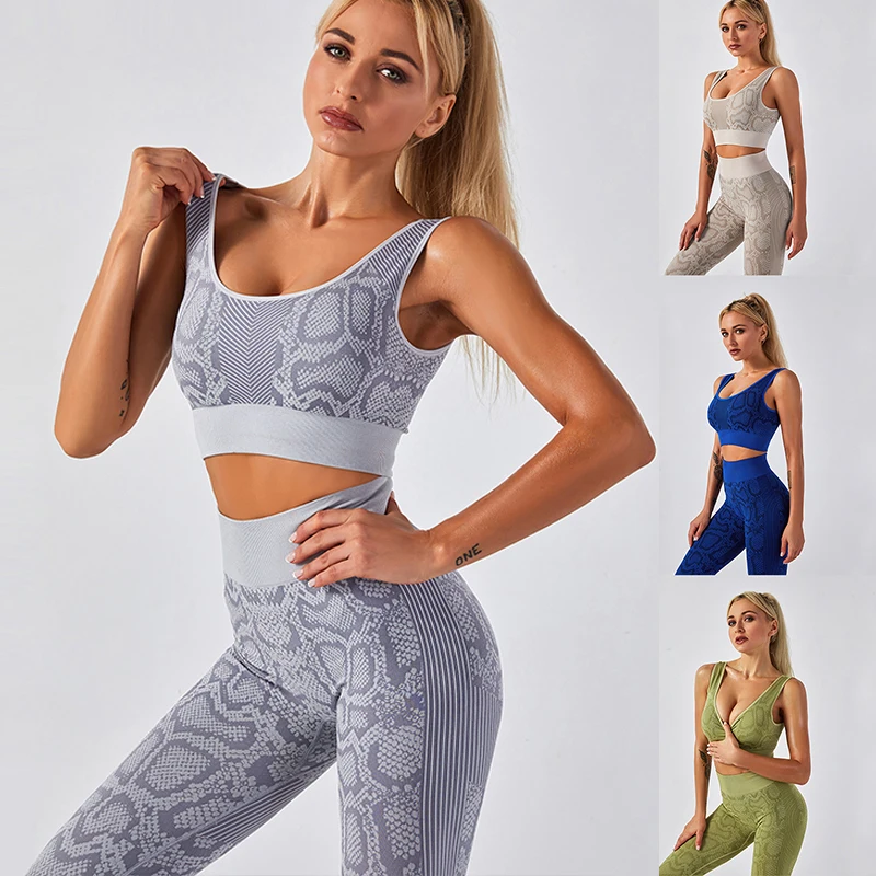 Summer 2021 New Snake Print Sports Fitness Suit Seamless Sports Underwear And Leggings 2 Pieces Women Yoga Set