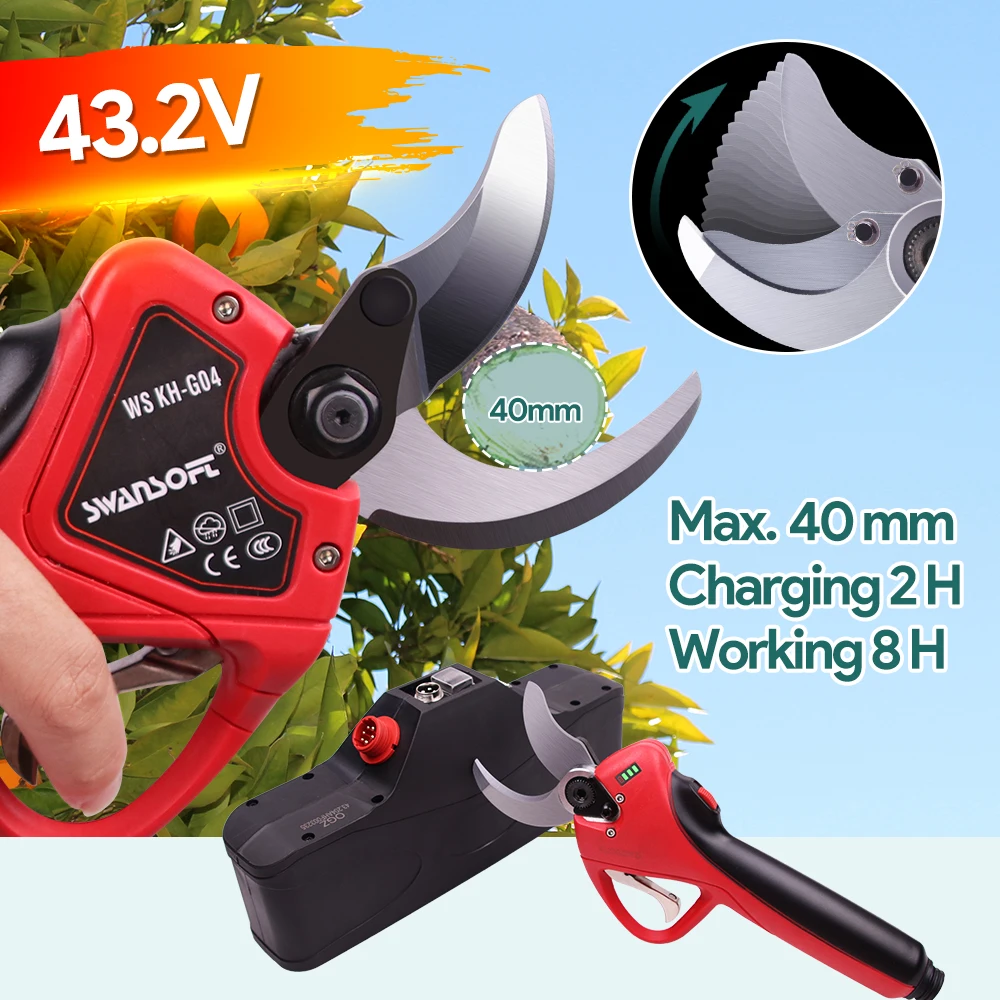 SWANSOFT 40mm LCD battery powered cord electric pruning operated tree prunner cutting scissors pruner shears progressive cutting