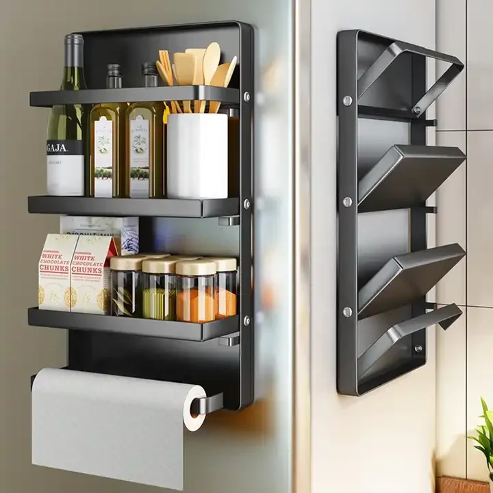 3 Tier Metal Black Foldable Storage Rack Refrigerator kitchen Magnetic Spice Rack with paper towel holder