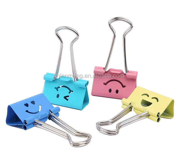 19MM metal colorful smiling binder clips  office  stationery  documents clips fold back clips