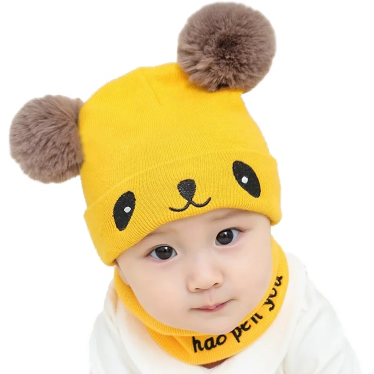 Милая вязаная детская шапка бини с двумя пушистыми шариками зимняя теплая шапка и шарф Детские шапки бини
