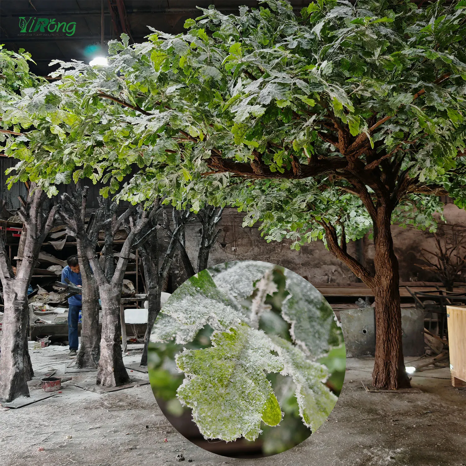 Custom 100% Handmade High Quality Green Big Artificial Oak Tree With Snowflake Effect Leaves For Home Restaurant Project Decor