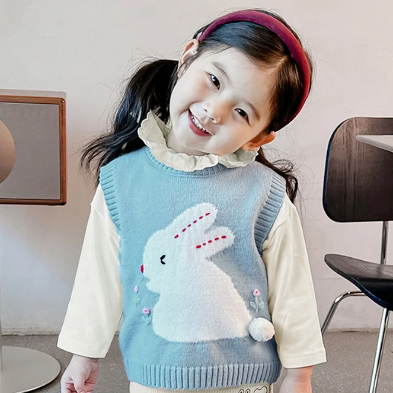 Custom LOGO Spring Autumn Cotton Jacquard Knit Pullover Vest And Shirt Girls Sweater