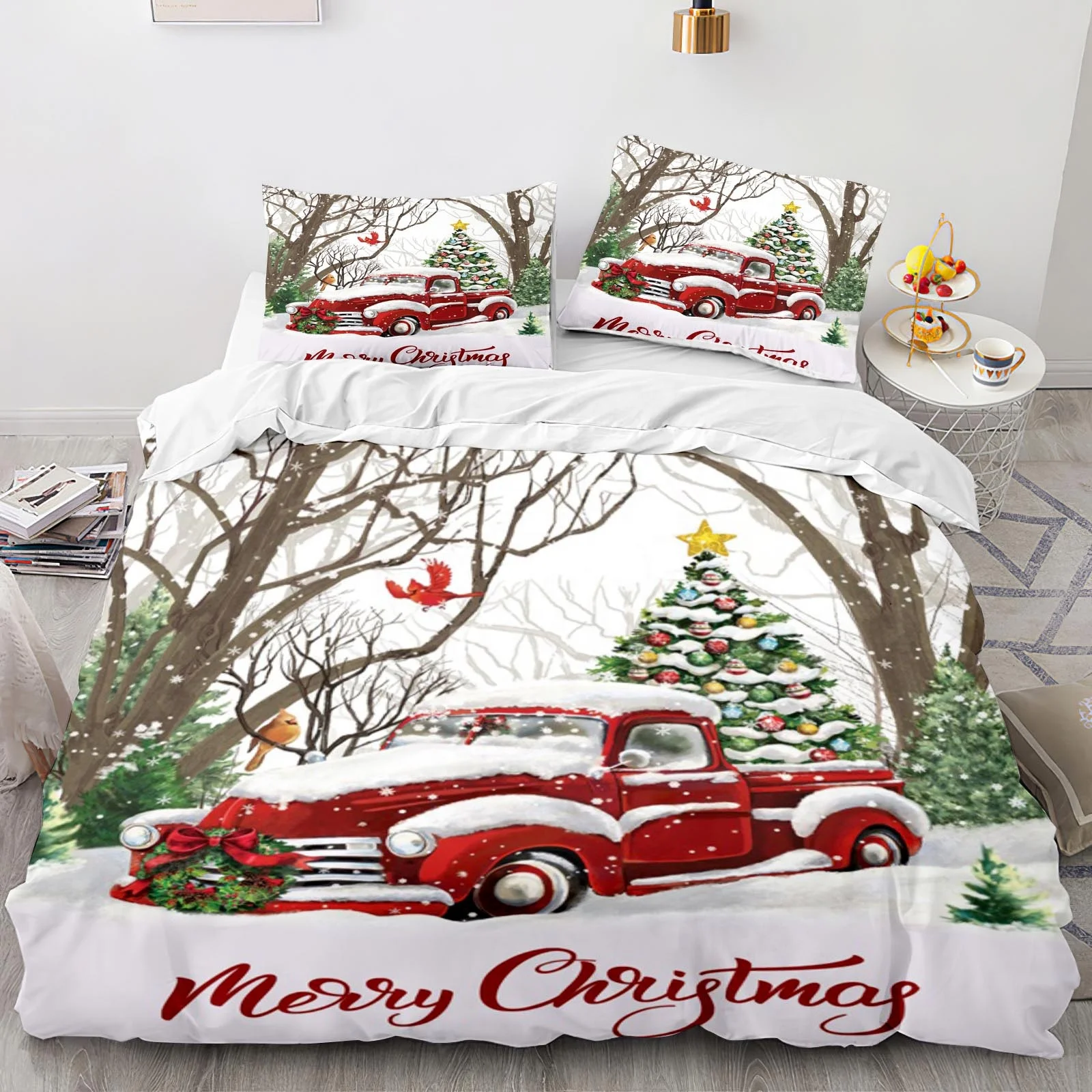 Custom 3D Printed Christmas Floral Cartoon Modern 3-Piece Duvet Cover Set Red Famous Car Tree Snow Polyester Comfort Cover Sets