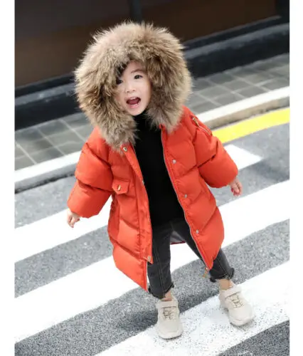 
Boys Girls Kids Padded Coat Winter Jacket Puffer Fur Hooded Long Parka Coats 