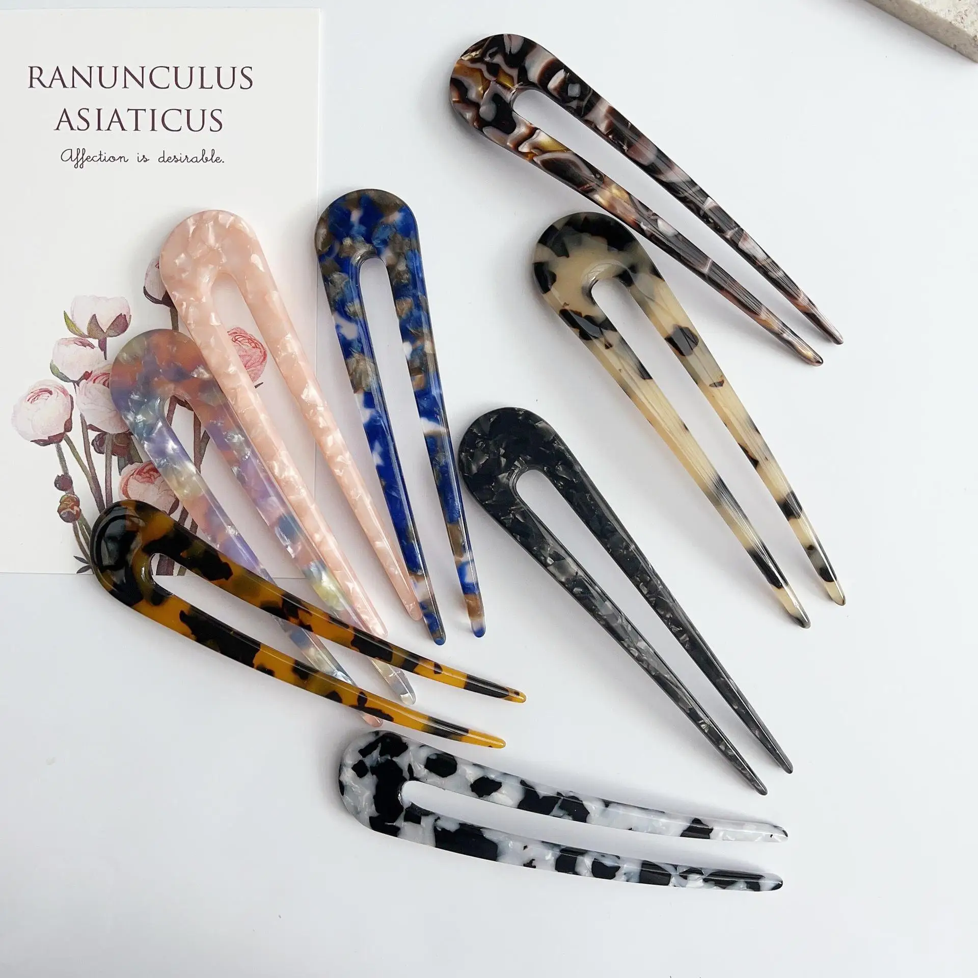 2023 Hot Sell U-shaped Hair Fork Acetic Acid Color Pattern Accessories Hair Stick Temperament Sweet Wholesale Hair Fork