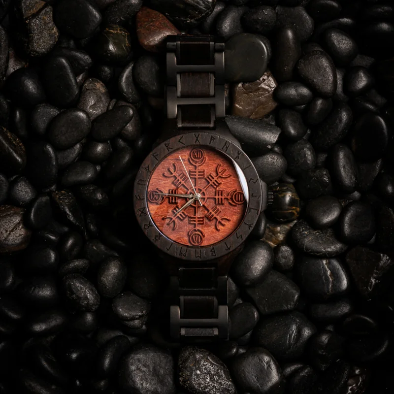 Norse Runes Helm of Awe Superior Japan Movt Quartz Watches Viking Wooden Watch