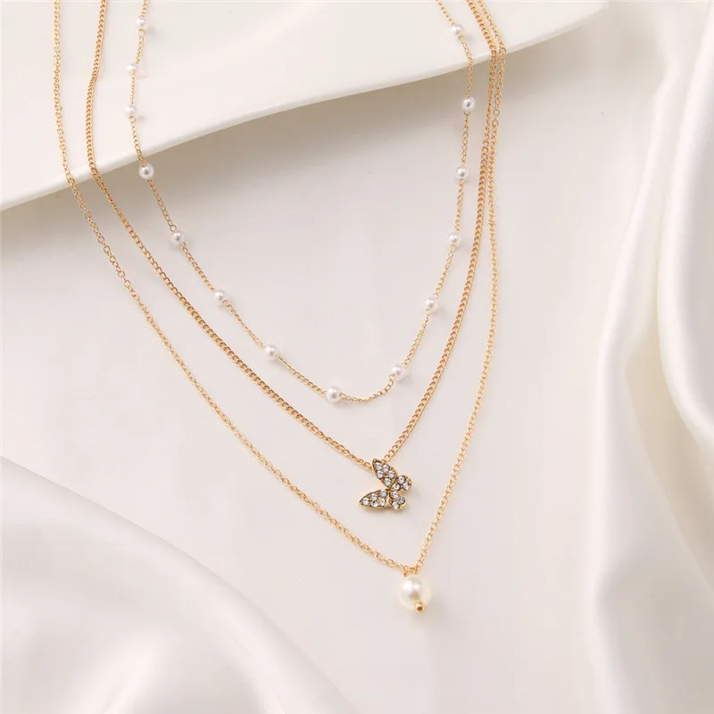 Hot Selling Multilayered Necklaces Shiny Pearl Light Luxury Butterfly Adjustable Necklaces Women Girls