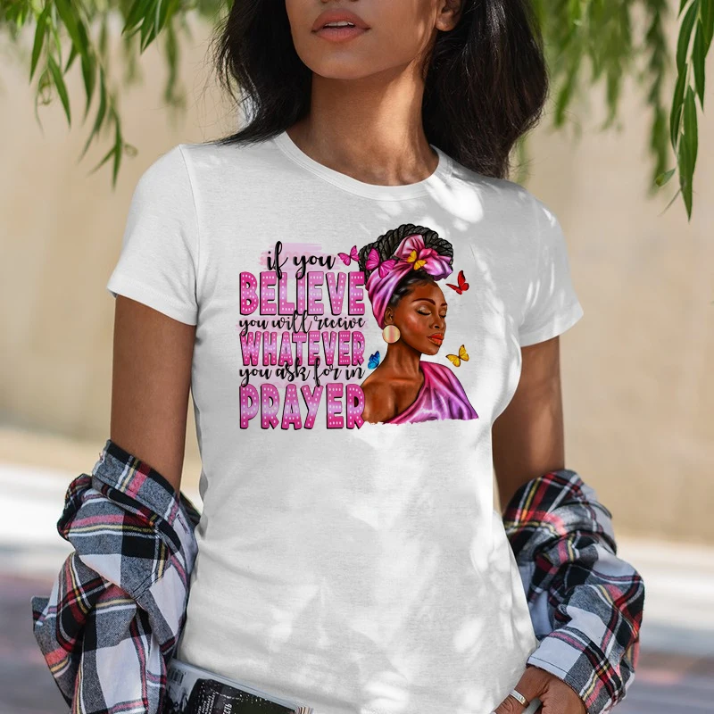 Wholesale Ready to Press Afro Woman Puff Heat Vinyl Transfer Iron on Bun Faith Religion Prayer Christian DTF Transfers