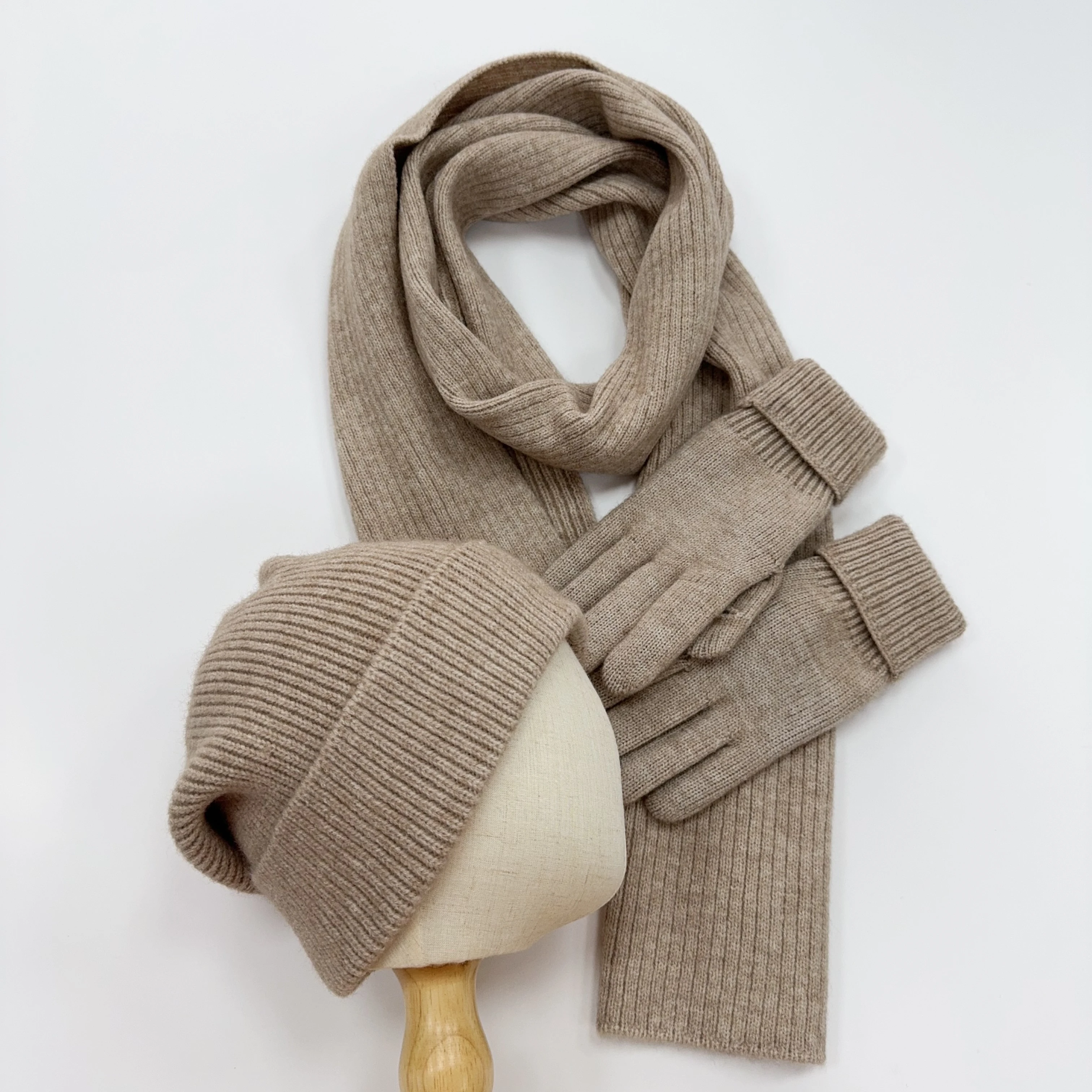 Unisex hot selling knitted flat needle ribbed scarf, hat, glove set, comfortable and versatile for various occasions