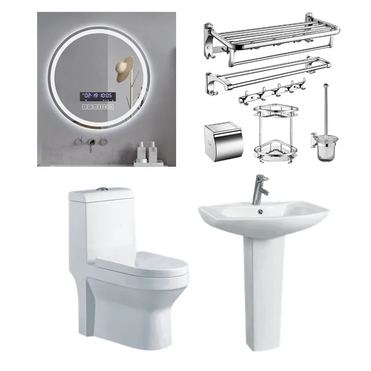 Economic price white color sanitary wares two piece toilet set with wash basin toilet mirror in bathroom