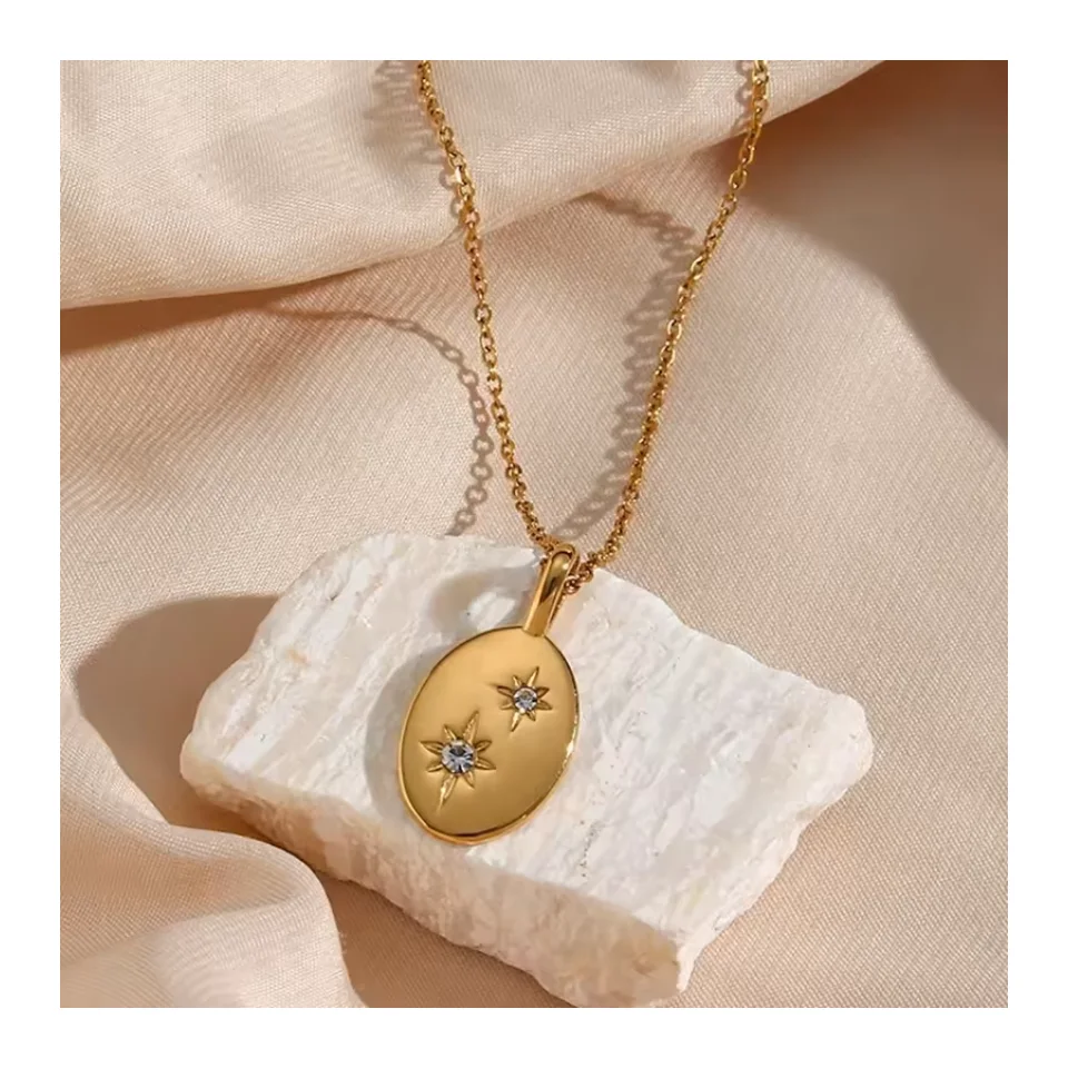 China OEM Simple Style Oval Octagonal Star Zirconia Pendant Stainless Steel Necklace Gold Plated