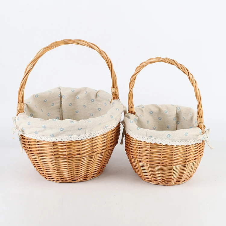 2022 Hot Sale wicker Weave  Handle Basket With hemp blue printed lining