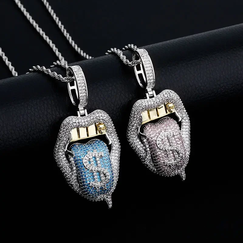 Hip Hop Charm Sexy Mouth Pendant Dollar Symbol Micro Paved Zircon Necklaces Hiphop Money Lip Pendant