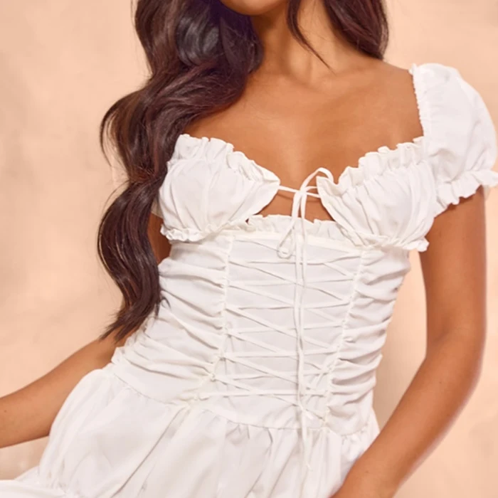 2024 Spring Sexy French Corset Lace-Up Ruffle Dress Short Sleeve Bodycon Dress Ladies Party Dresses Elegant