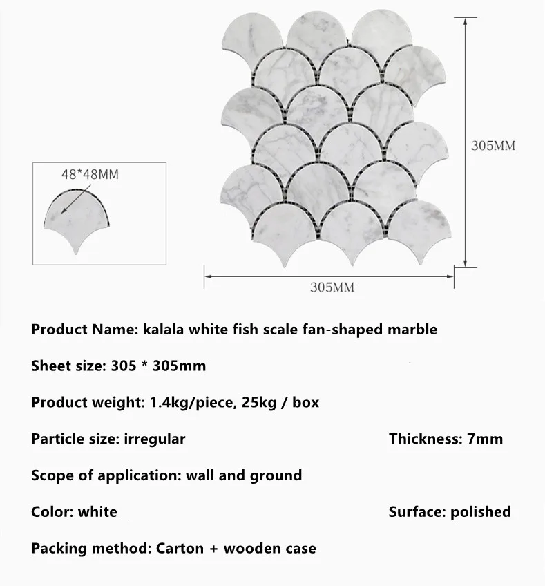 Custom simple style white stone fish scale mosaic fan-shaped kalala white marble mosaic