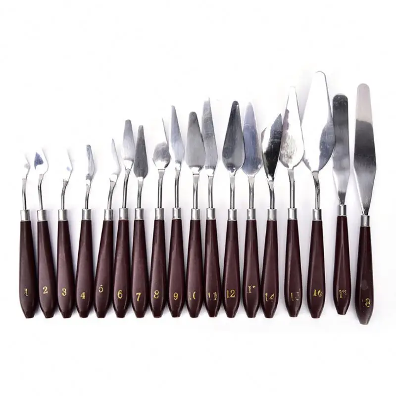 18pcs Natural Wood Handle Stainless Steel Spatula Palette Knives For Oil Painting
