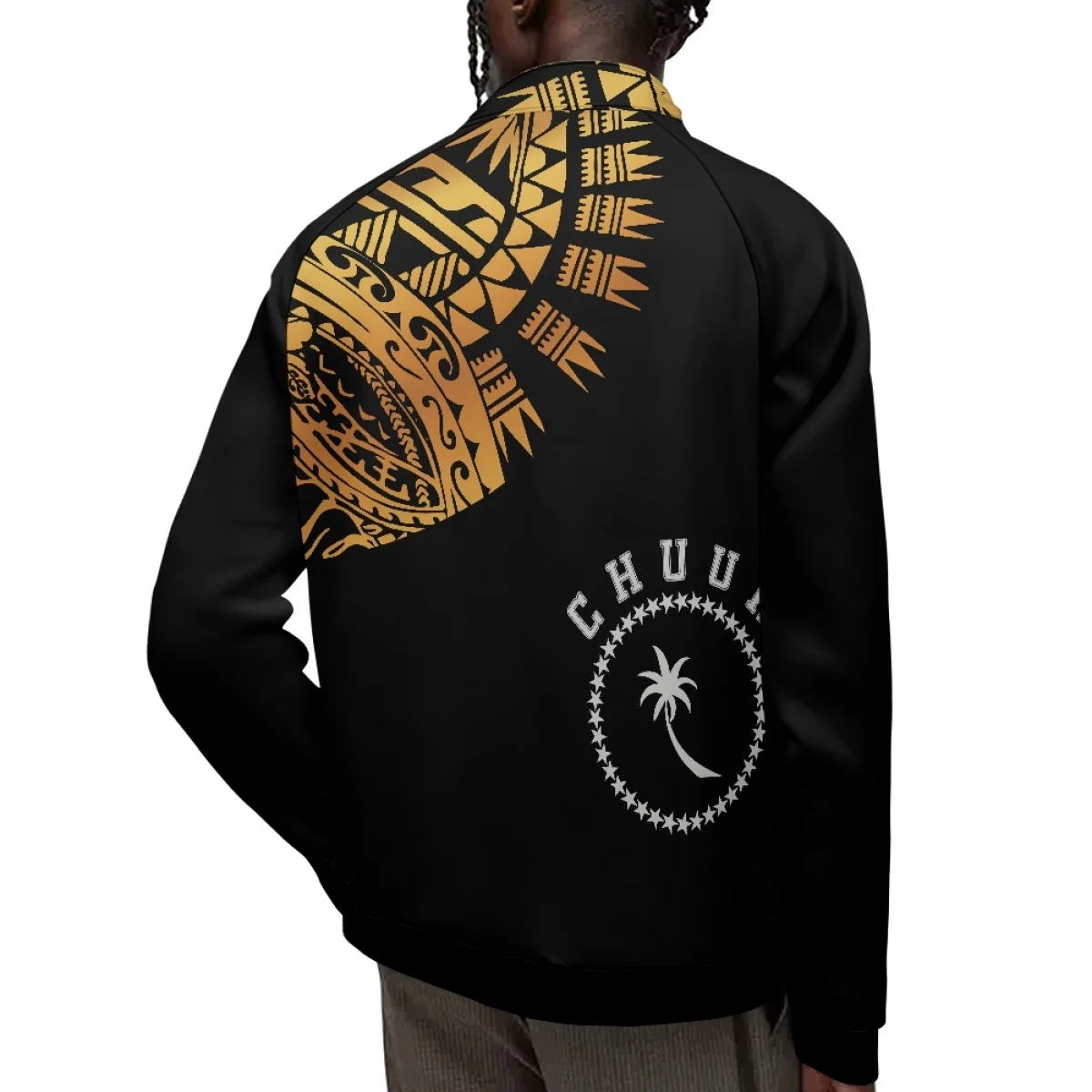 Zip Up Jacket Custom Chuuk State Flag Coat of Arm with Polynesian Tribal Tattoo in Gold Casual Men Funnel Neck Open Sweatshirt