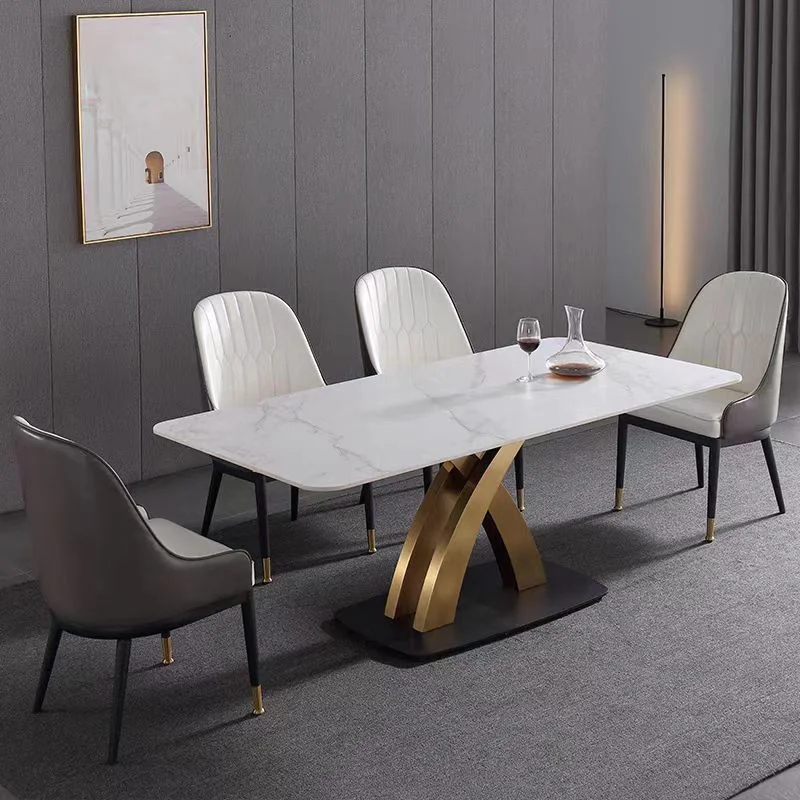 wholesale luxury dinning table set with grey solid marble top and 6 chairs stainless steel chrome dining table