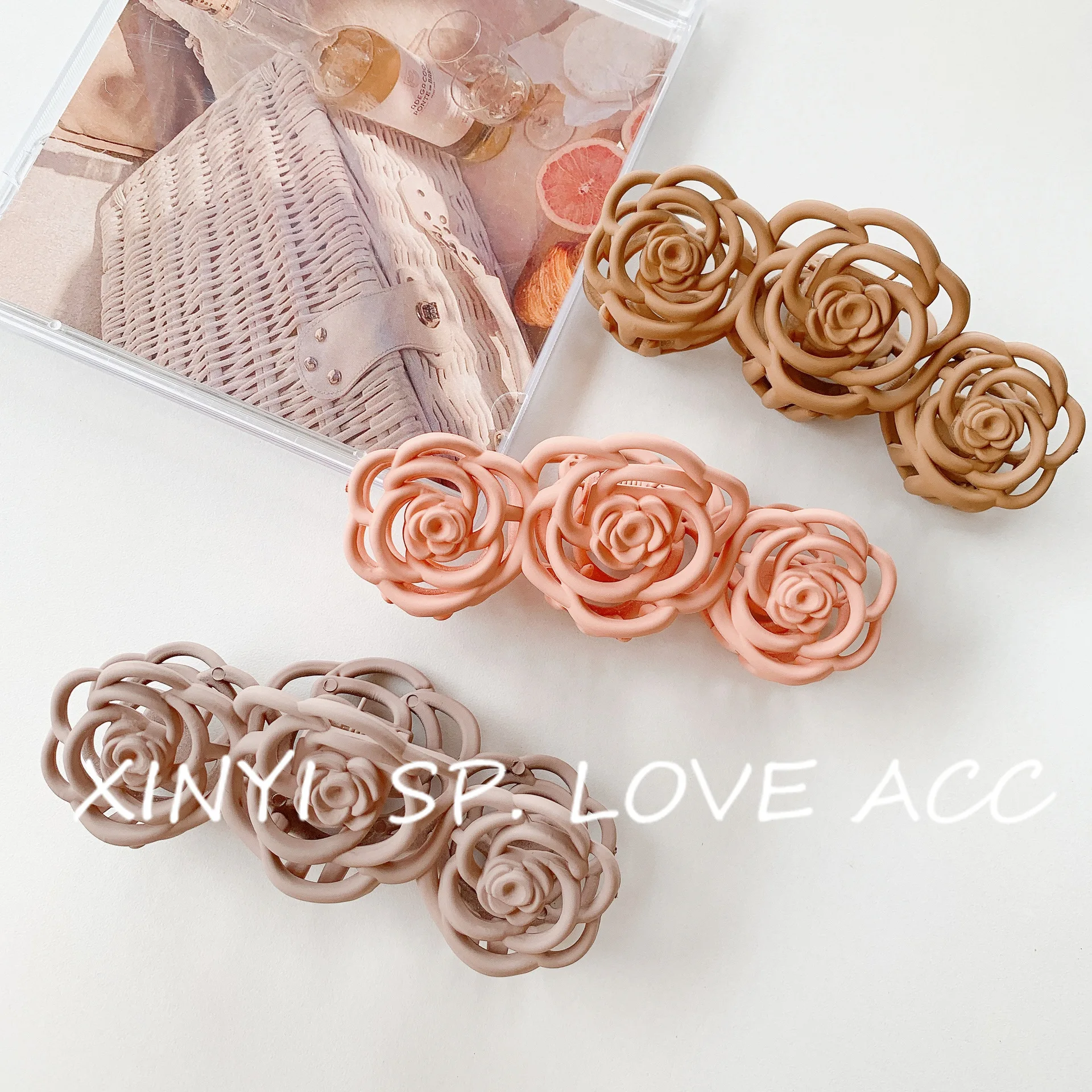 Rose Flower Pure Color Matte Plastic Retro Hair Clip Claw for Women Hair Decorations