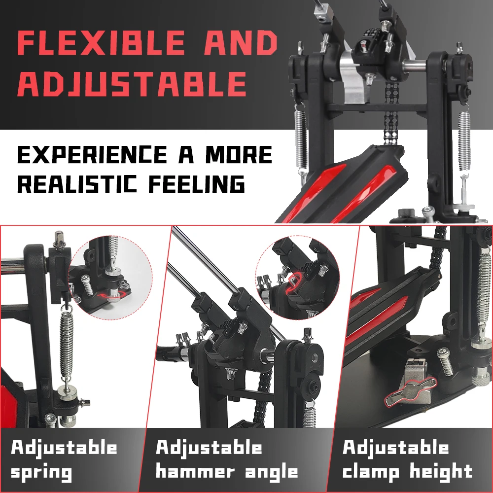 Double Bass Drum Pedal Kick Drum Pedal Double Chain Drive Adjustable Beater Head Bass Pedal For Drum