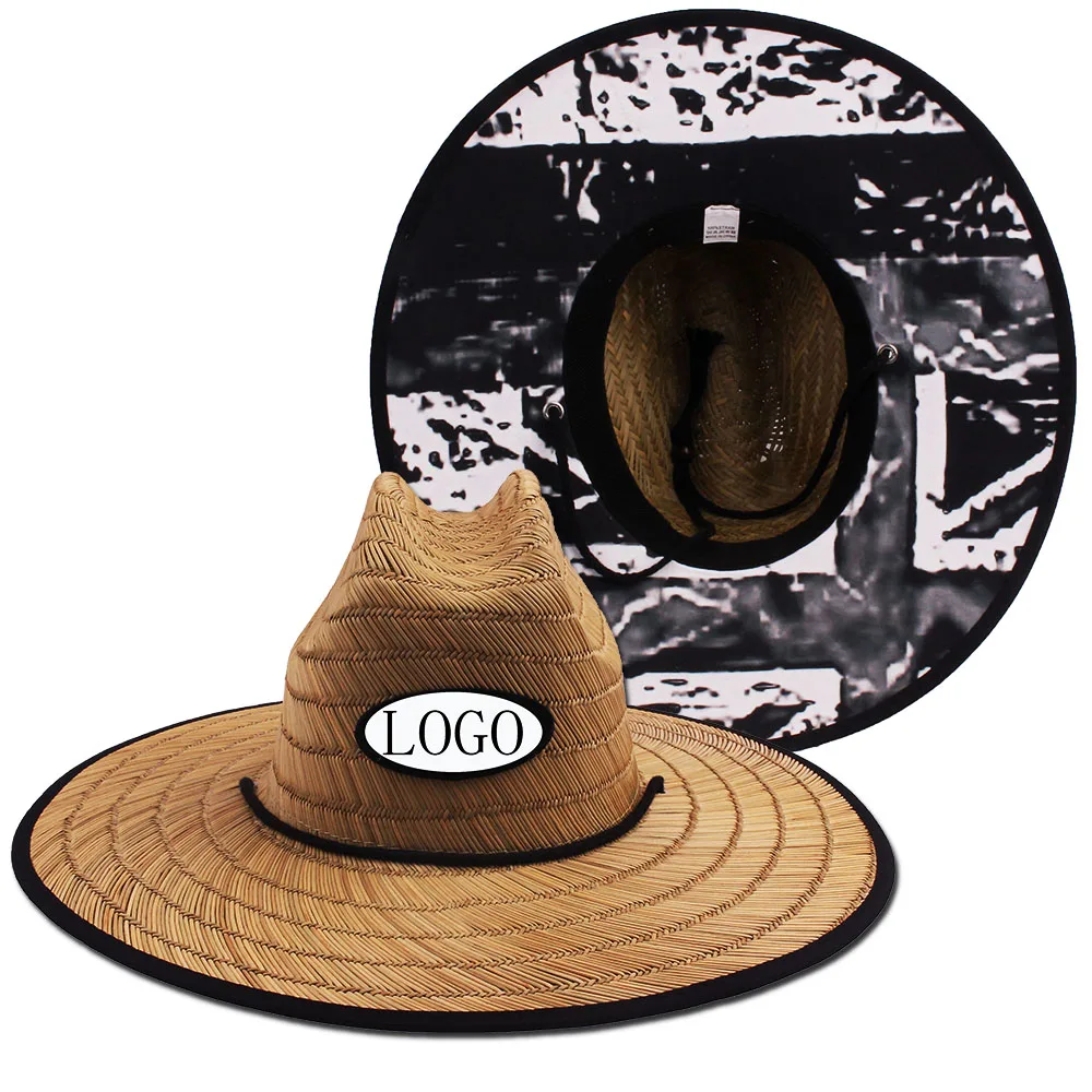 Custom Logo Spring Summer Unisex Sun-proof Casual Lifeguard Straw Beach Hat with Big Brim Printed Grass Paste Bahamas Wholesale