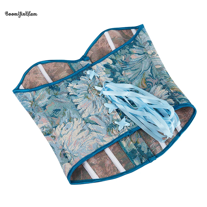 Women Lace Retro Corset Bustier Vintage Floral Print Crop Lingerie Bodyshaper Embroidery Overbust Corset Top Light Blue