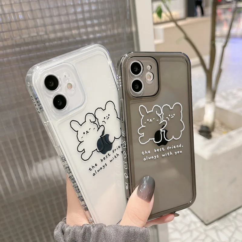 Side cartoon pattern lens protection phone case for iPhone 15 14 plus 13 pro max 12 11 X Creative bear Antishock TPU Square Edge