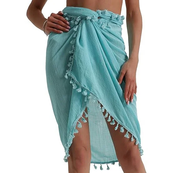 Beach Sarong Pareo Womens Semi-Sheer Swimwear Cover Ups Short Skirt with Tassels