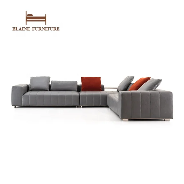 Modern Italian Style Minimalist Furniture Big L Shape Saddle Leather Metal Feet Sectional Corner Sofa Set Reception Office Sofa