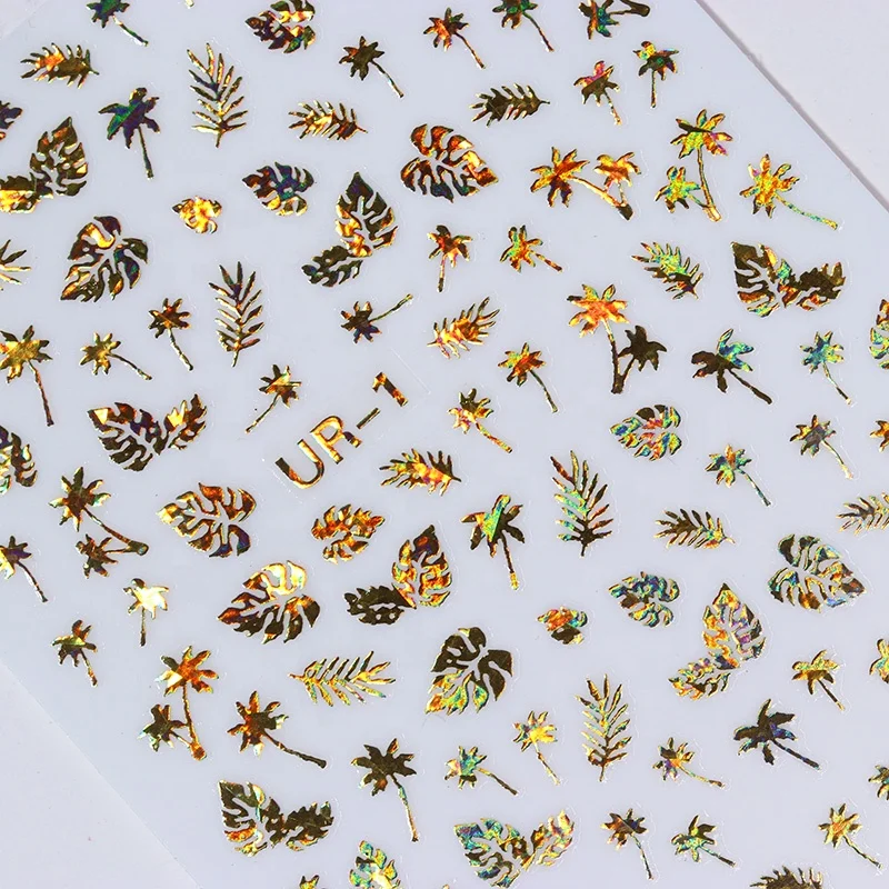 
1Pcs 3D Holographics Nail Sticker Coconut Tree Leaf Gold Nail Adhesive Decals Holo Laser Glue Tips Nail Art Decoration 