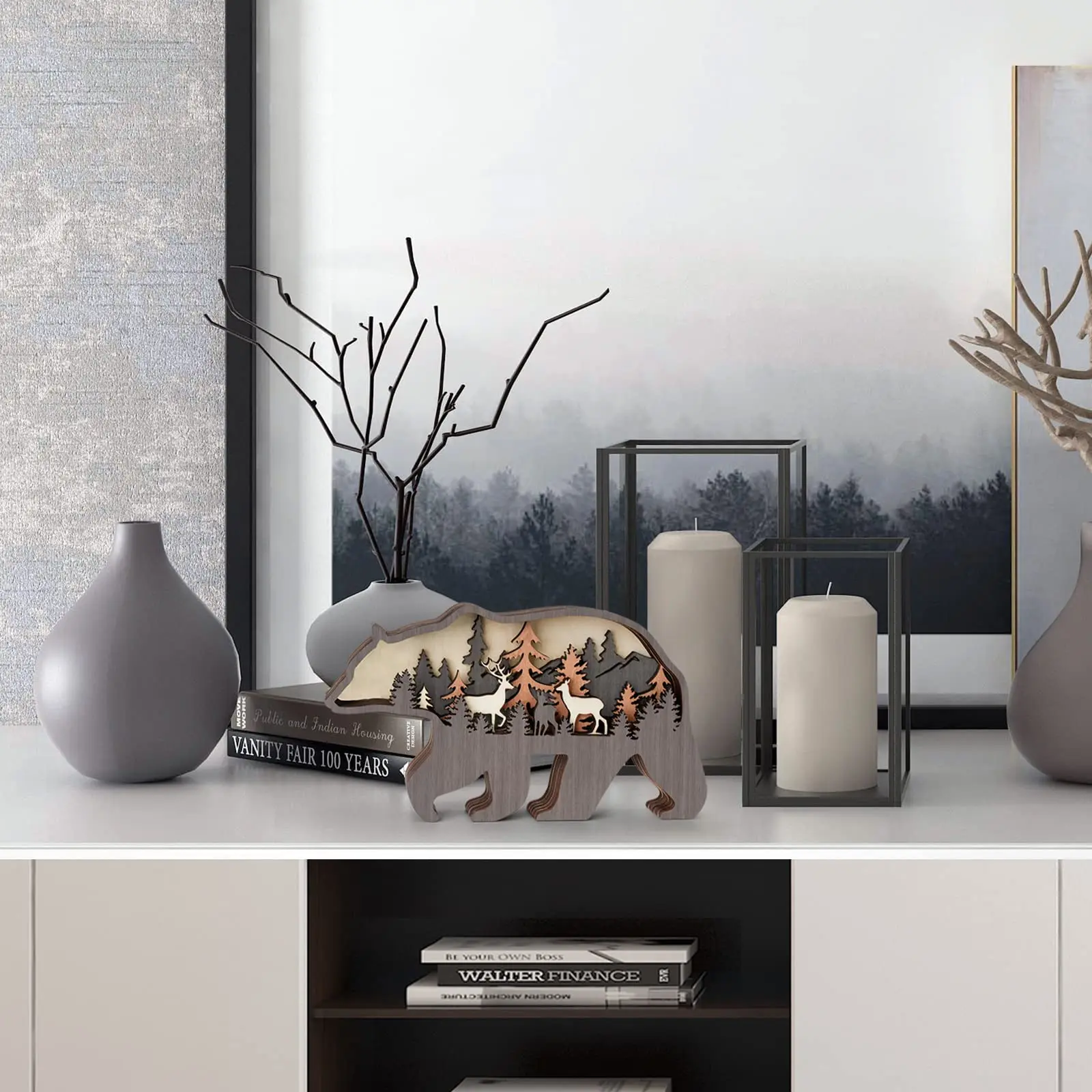 Adornos De Osos de Madera Desk Crafts Hollowed Multilayers Sculpture Rustic Home Decor Office Christmas Animal Ornament
