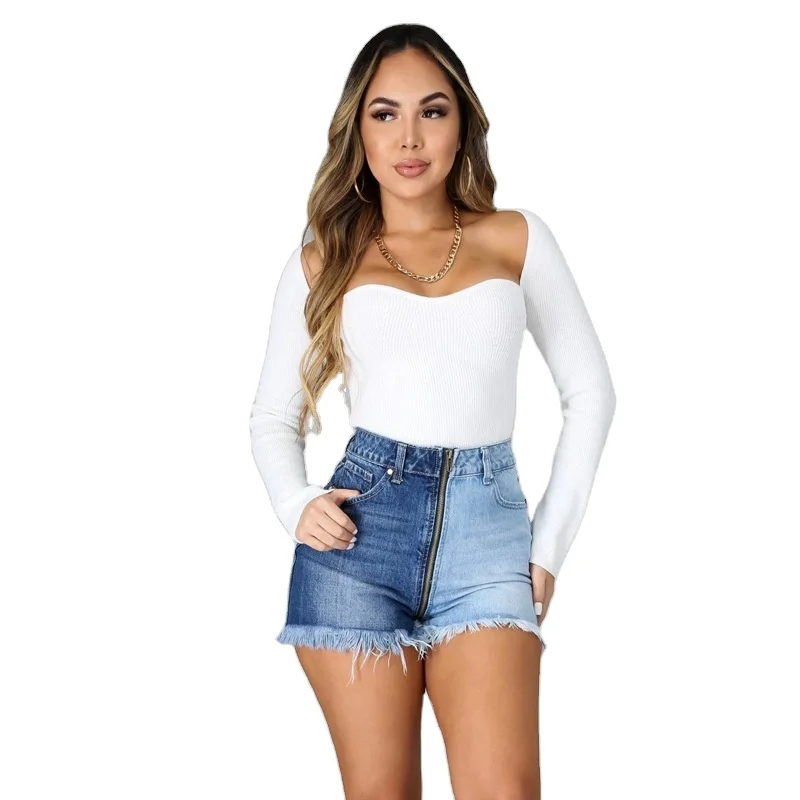 AIPA 2022 Summer Washed High Waist Denim Shorts Long Zipper Jeans Shorts For Women