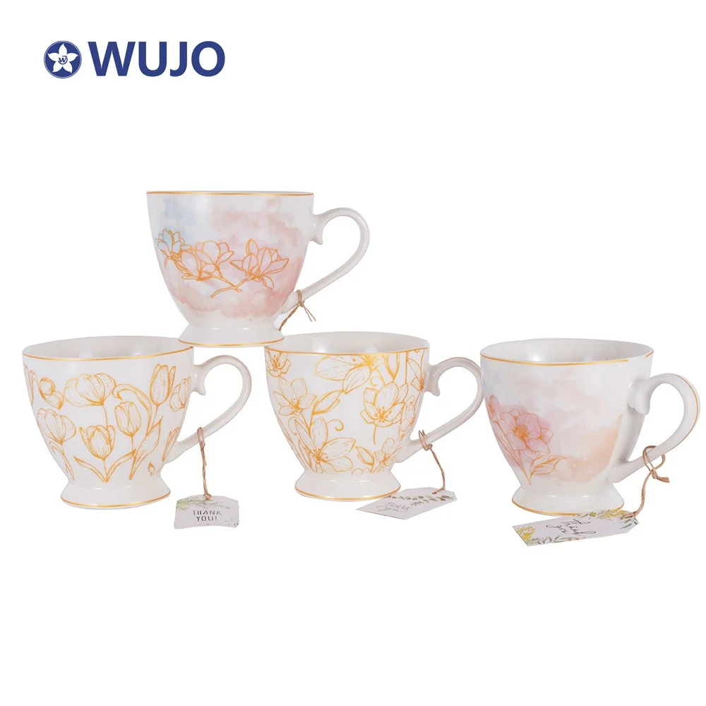 Wholesale Ceramic Classic Floral Coffee Mugs Golden Decal 15oz Ceramic Mug