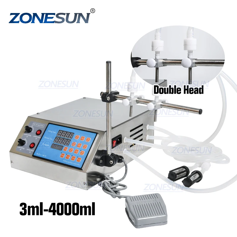 ZONESUN Table Top Double Heads Membrane Diaphragm Pump Liquid Milk Juice Beverage Soft Drink Filling Machine Supply