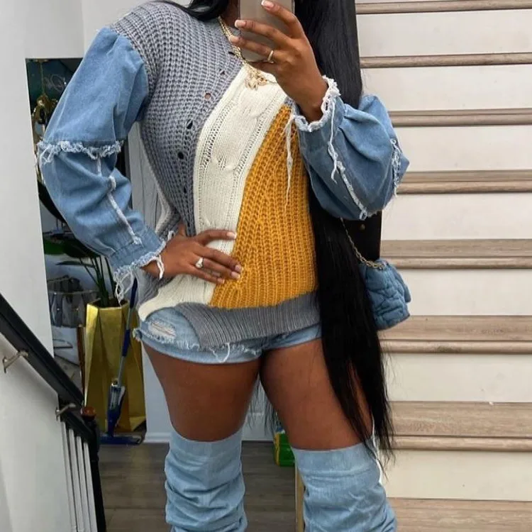 T079-custom knit sweater hoodie patchwork demin pullover sweaters for women 2022