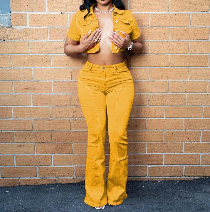 QY12135 Spring 2024 Women Clothes Button Crop Tops And Flare Jeans Womens Denim Suit Candy Color Denim Two Piece Pants Set
