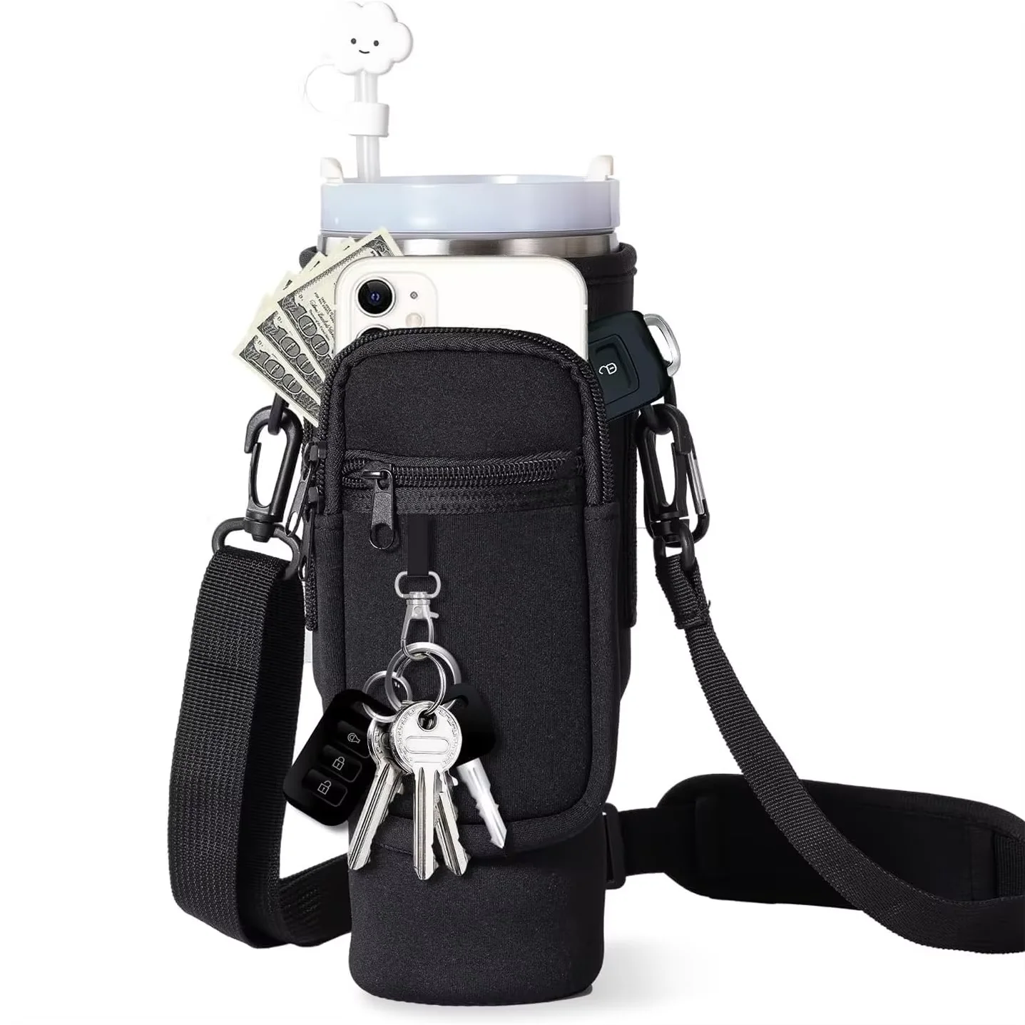 JLD Hot Sale 40 OZ Neoprene Shoulder Strap Tumbler Cup Water Bottle Carrier Crossbody Sling Holder Bag with Zipper Phone Pocket