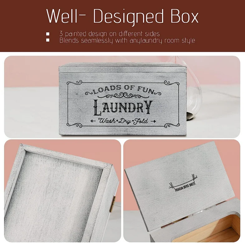 Dryer Sheet Holder with Hinged Lid Rustic Farmhouse Container Fabric Softener for Laundry Organization/Storage,Non-Slip Bottom