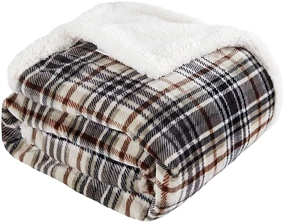 Sherpa Plaid Throw Blanket, Fuzzy Fluffy Cozy Soft Blanket, Fleece Flannel Plush Twin Size Microfiber Blanket for Couch Bed