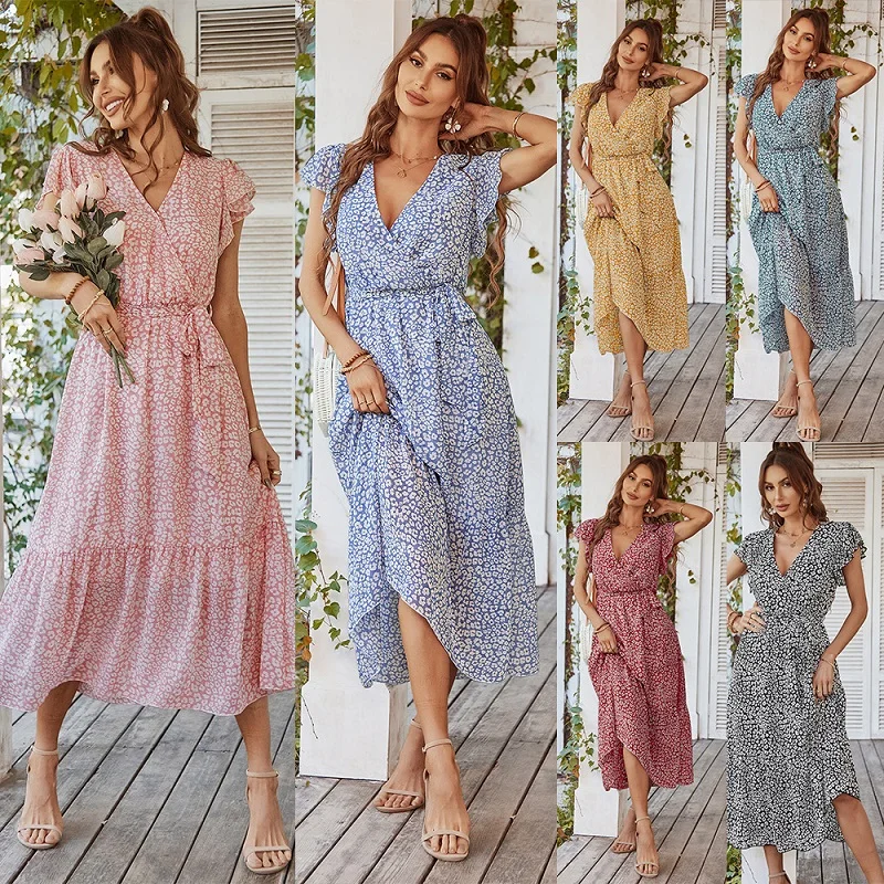 GIMILY Summer Women Belted One Piece Dresses Vintage Short Sleeve Cross V Neck Print Chiffon Dress Casual Boho Floral Maxi Dress