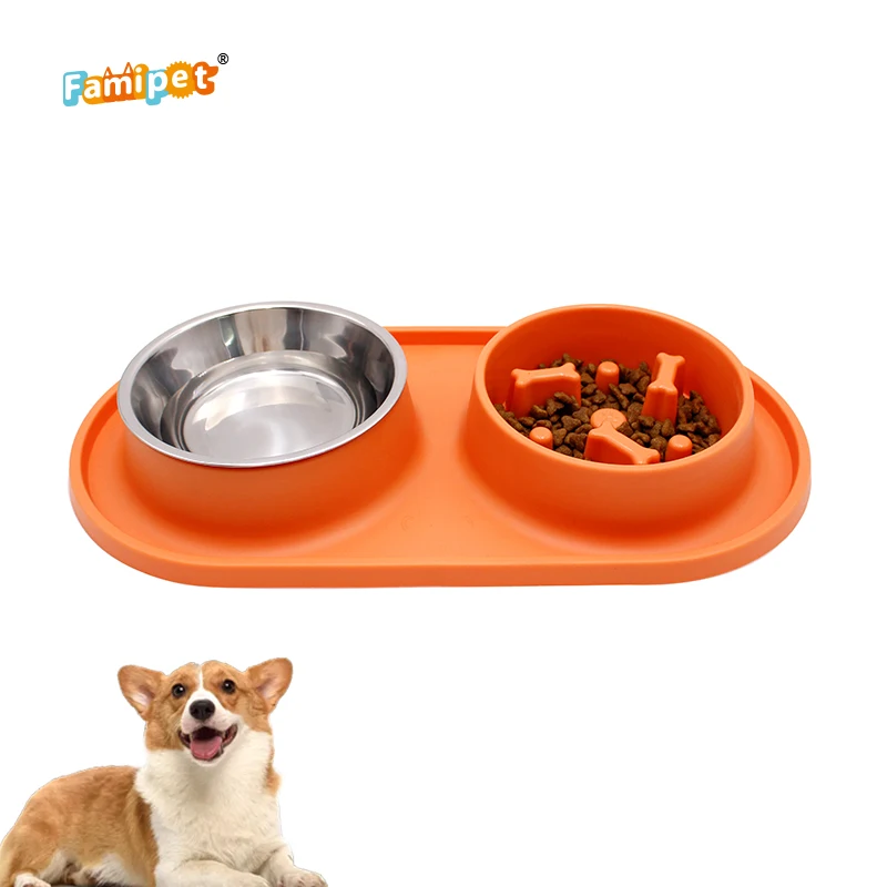 Famipet Wholesale Stainless Steel Pet Bowl Slow Feeding Dog Food Bowl with Non-Skid Silicone Mat