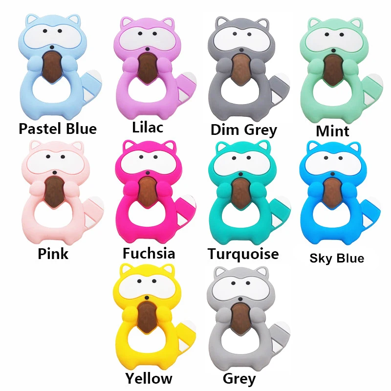 Wholesale Food Grade Baby Animal Chewing Toys Safety Natural Soft DIY Nursing Silicone Squirrel Pacifier Wood Teething Toy Kids