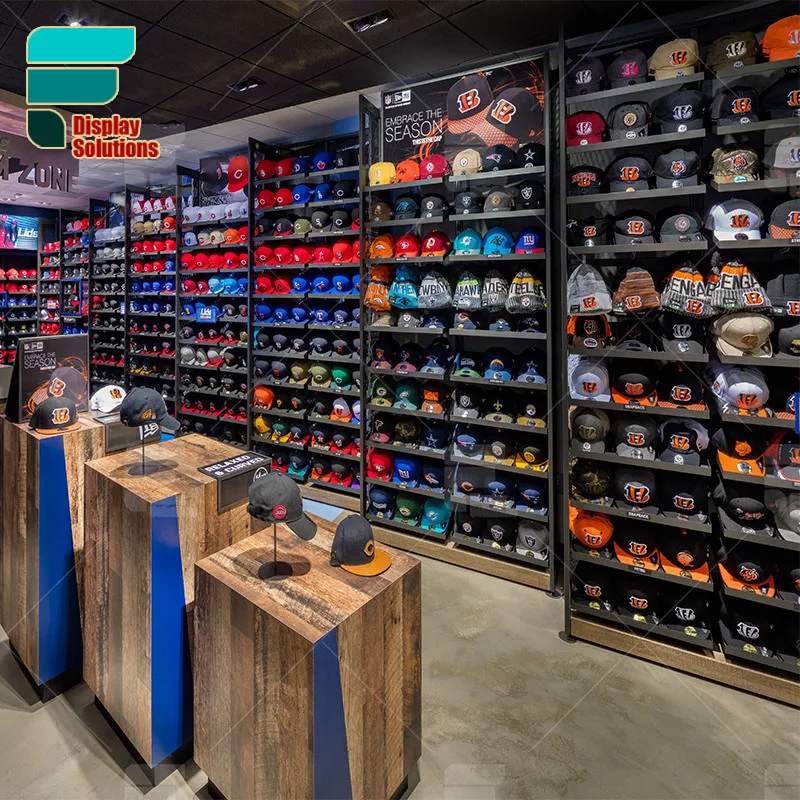 Exw Price Clothes And Hats Store Display Shelf Middle Wood Veneer Table Garment Shop Display Wall Mounted Hats Stand