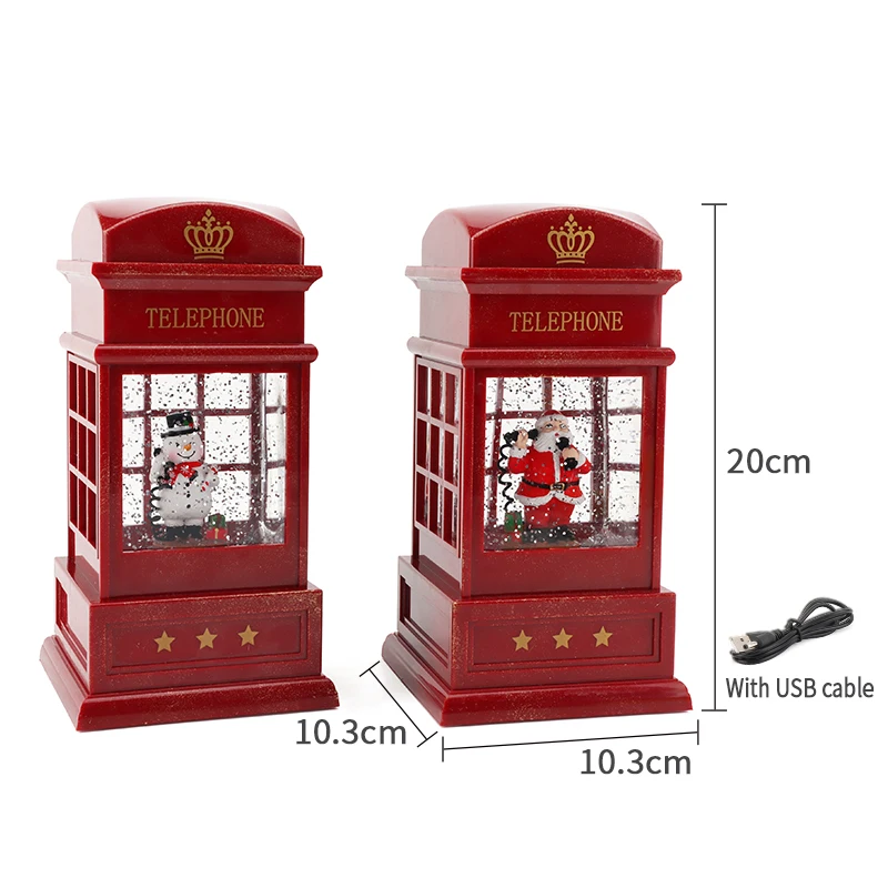 Phone Booth Swirling LED  Water Glittering Musical Battery Operated Festival Ornament for Christmas snowman and santa claus