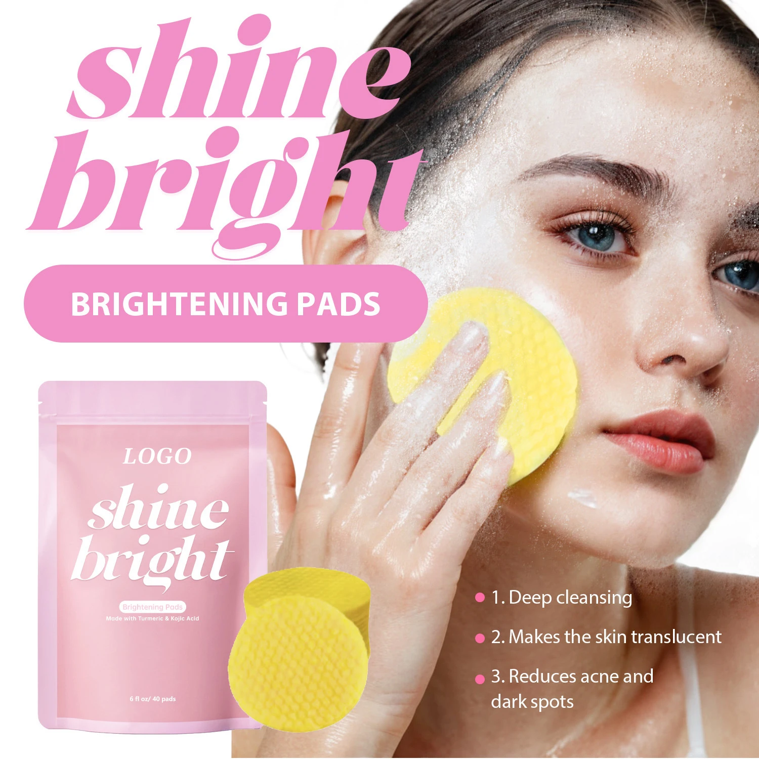 BLIW Private Label 40 Pads Natural Dark Spots Remover Face Cleansing Pads Turmeric Kojic Acid Shiny Brightening Face Pads