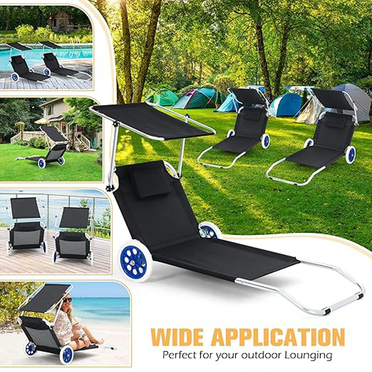 Factory Custom Outdoor Swimming Pool Adjustable Sunbathing Chairs Beach Chaise Lounger Chair With Wheels Canopy Sun Shade Pillow