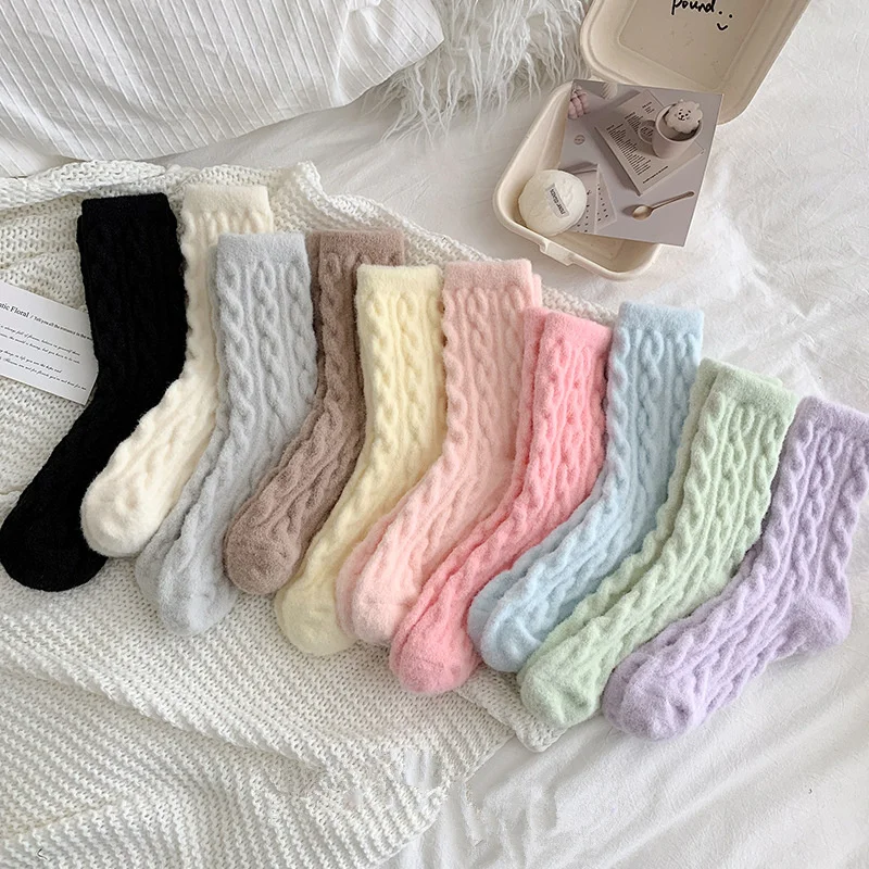 Wholesale Winter Warm Floor Twist Women Candy Color Fuzzy Thickened Colorful Women Mid-tube Soft Plush Socks