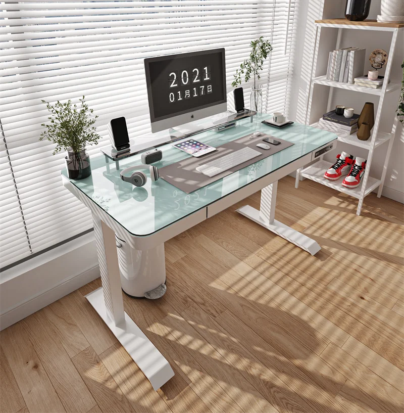 Home Office Height Adjustable Electrical Office Glass Table With Drawer Computer Sit Stand Desk