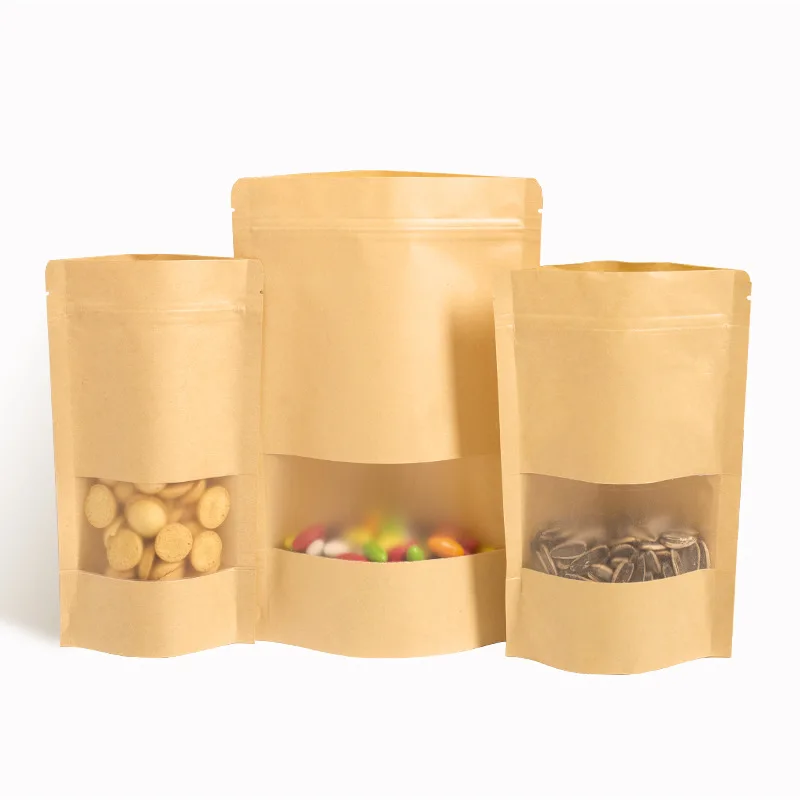 Custom Printed Ziplock Kraft Paper Food Packaging Bag Stand Up Pouch With Zipper And Window
